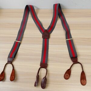CAS Germany Suspender Men Gray Red Stripe Button End Elastic Preppy Suit VINTAGE
